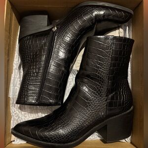 Black Croc-Embossed Ankle Boots